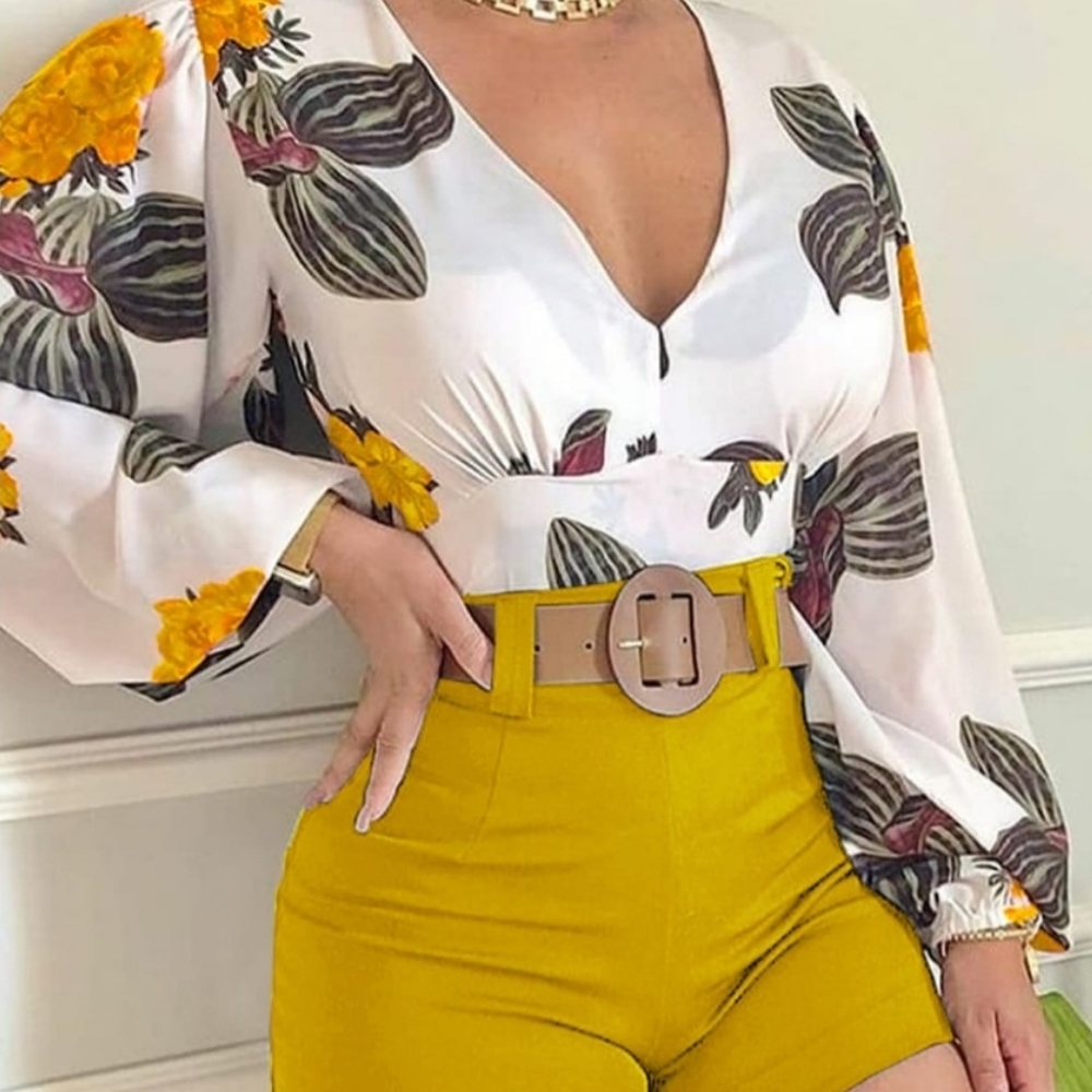 Two Piece Shorts Blouse Cactus Mustard Yellow Set